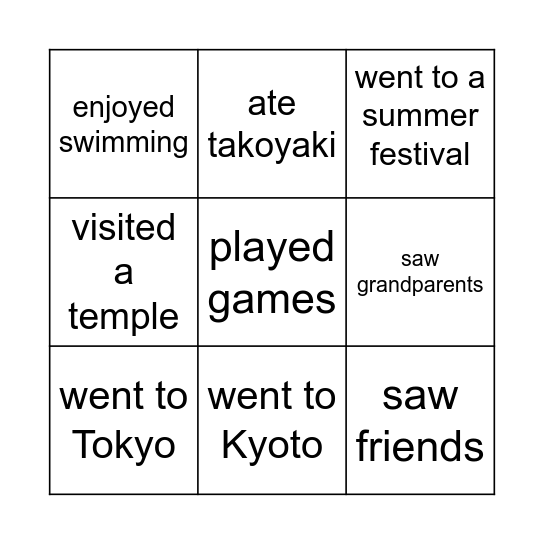 Summer Vacation Bingo Card