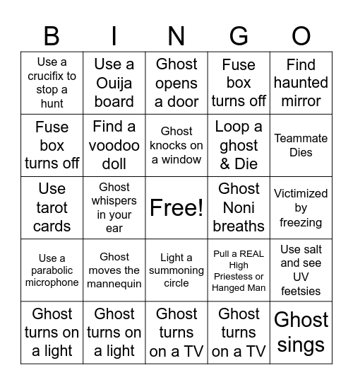 Phasmo Bingo Card