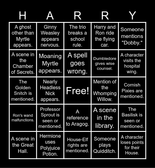 CHAMBER OF SECRETS Bingo Card