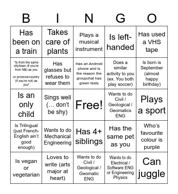 UNB EUS 2024 Orientation BINGO Card