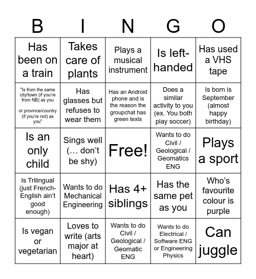 UNB EUS 2024 Orientation BINGO Card