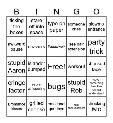 Love Island Bingo Card