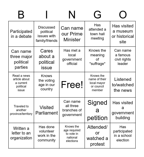 Grade 10 Civics Bingo Card