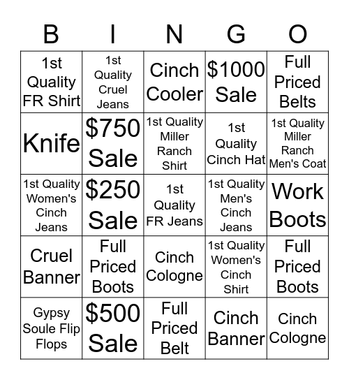 Cinch Factory Store Bingo Card