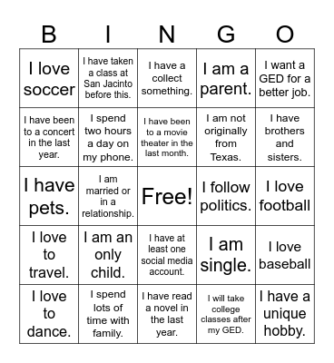 Get To Know Me Bingo Card