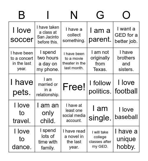 Get To Know Me Bingo Card