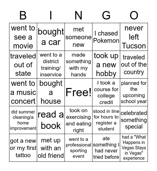 This summer I....  Bingo Card