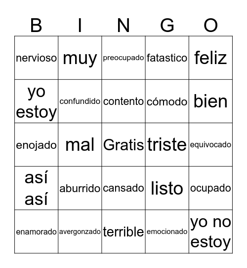 Adjetivos Bingo Card