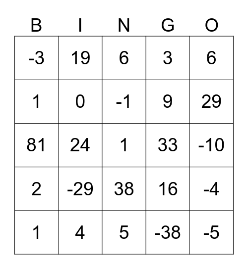 Integers Bingo Card