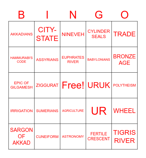 MESOPOTAMIA CIVILIZATION Bingo Card