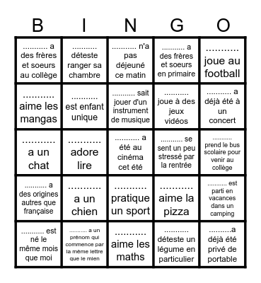Bingo de rentrée 5e H Bingo Card
