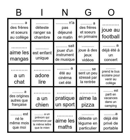 Bingo de rentrée 5e H Bingo Card