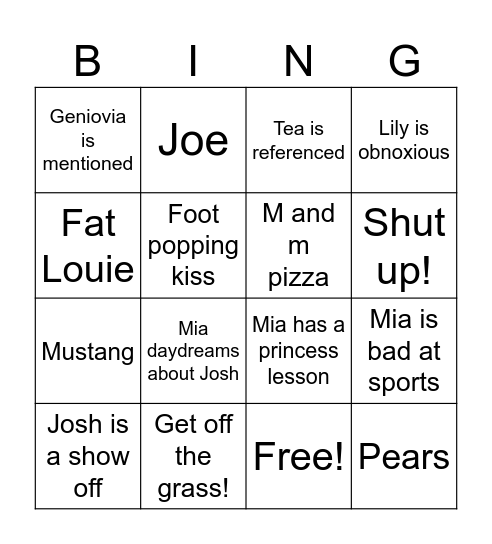 Princess Diaries Bingo Card