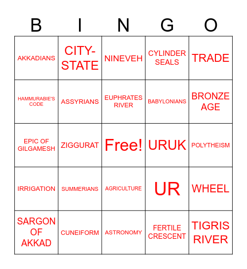 MESOPOTAMIA CIVILIZATION Bingo Card