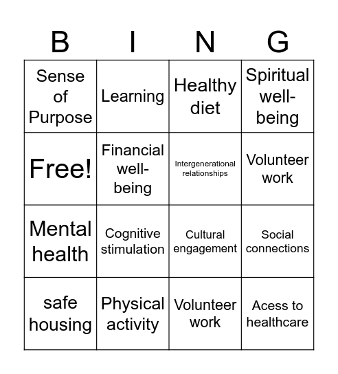 Wellbeing in older adults Bingo Card