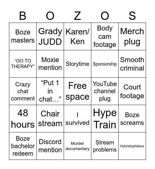 BOZE BINGO Card