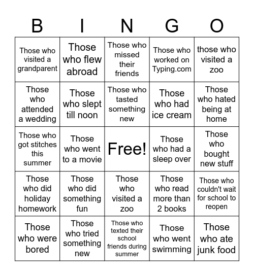 Back to school bingo Card