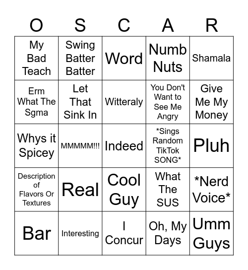 Oscar Sayings Bingo Card