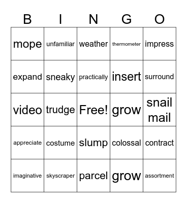 Vocab Week 4-5 Bingo Card