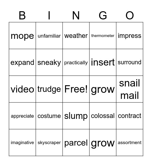 Vocab Week 4-5 Bingo Card