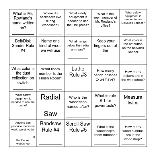 Woodshop Bingo Card