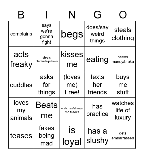 girlfriend bingo Card