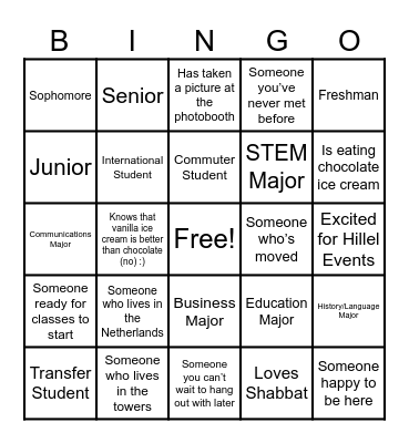 Hofstra Hillel Ice Cream Social Bingo Card