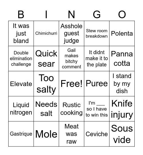 Top Chef Bingo Card