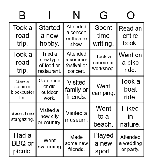 Summer Holiday Bingo Card