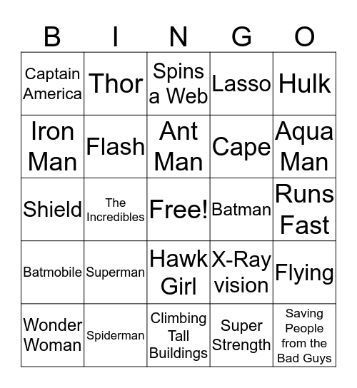 Super Heroe Bingo Card