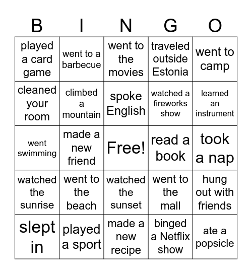 SUMMER BREAK Bingo Card