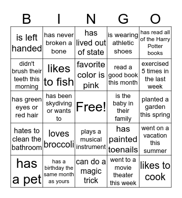 Getting to Know You! Bingo Card