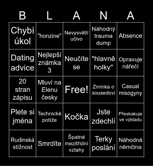 Velcovska bingo Card