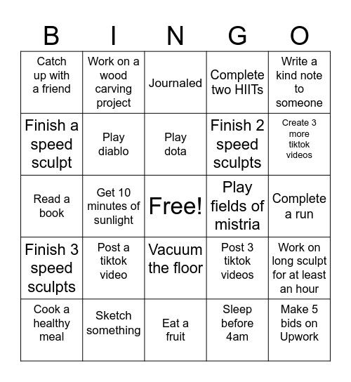 Healthy and Productive Bingo Card