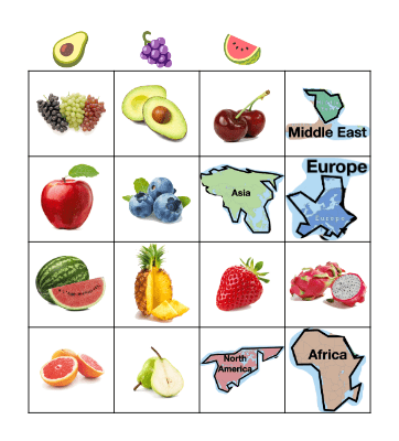 Fruit and Continent Bingo Card