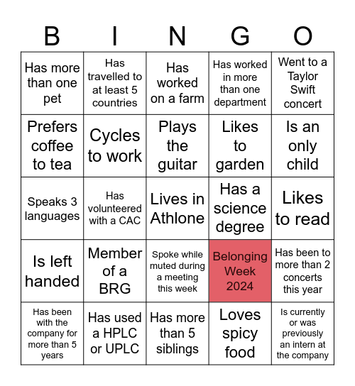 Belonging Week 2024 Bingo Card