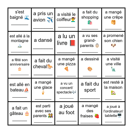 Trouve quelqu'un qui pendant ses vacances ... Bingo Card