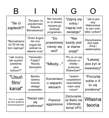 Komentarze od fanów Robcia Bernarta Bingo Card