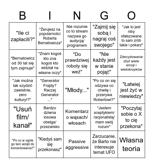 Komentarze od fanów Robcia Bernarta Bingo Card