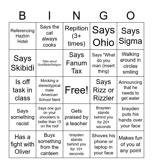 Brayden Bingo Card