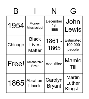 Emmett Till Bingo Card