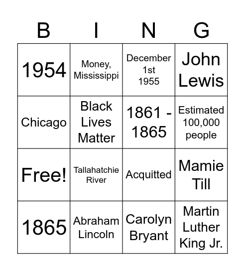Emmett Till Bingo Card