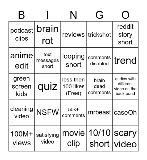 yt shorts bingo Card