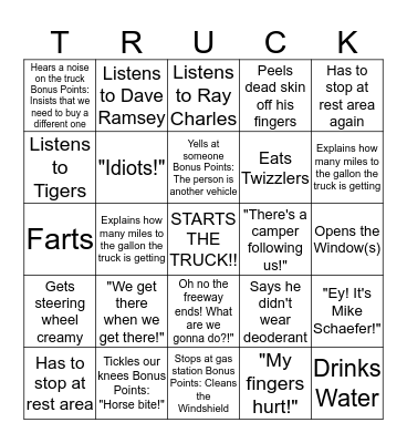 Road Trip with Dad Bingo Card