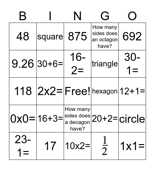 Math Bingo Card