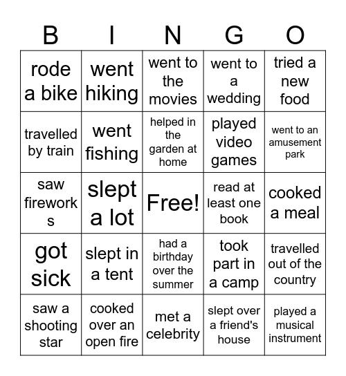 What did you do over the Summer!!!! Bingo Card