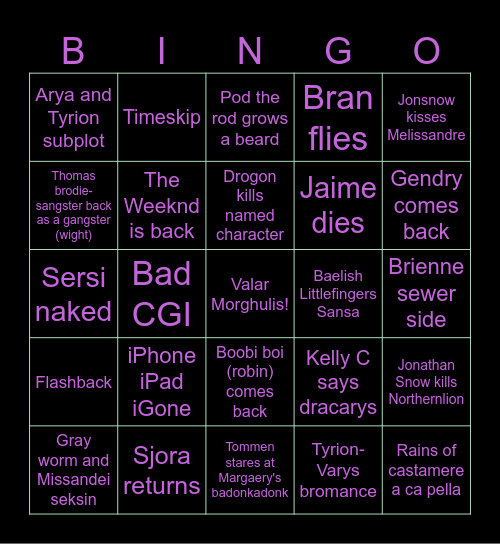 GoT Season 5 Bingo Card