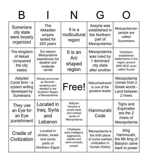 Mesopotamia Civilization Bingo Card