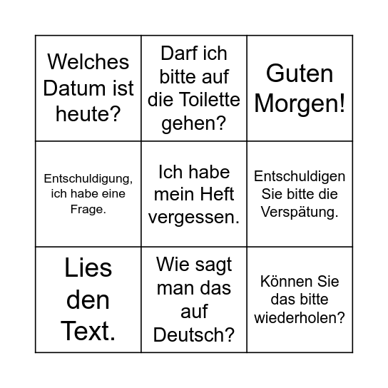 Klassenzimmerdeutsch Bingo Card