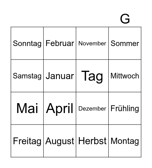 Wochentage & Monate Bingo Card